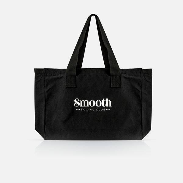Black tote bag with 'Smooth Social Club' text on a white background