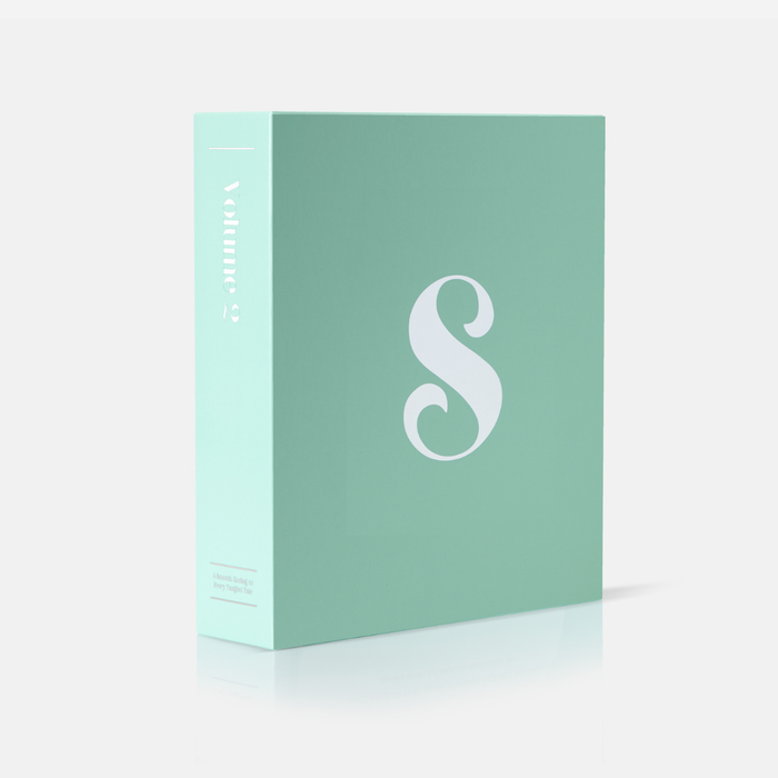 Mint green box with a white letter 'S' on a light gray background